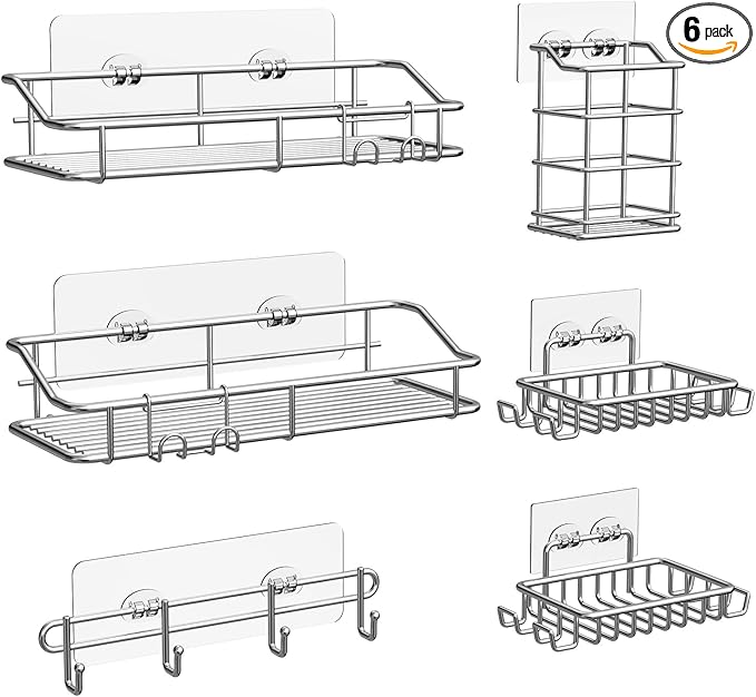 Nieifi Shower Caddy Shelf with Hooks Storage Rack Organizer Adhesive Stainless Steel without Drilling for Bathroom, Lavatory, Washroom, Restroom, Shower, Toilet, Kitchen (Sliver, 6 Pack)