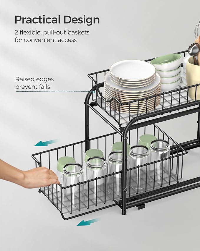 SONGMICS 2-Tier Pull Out Cabinet Organizers, Under Sink Organizer, Bathroom Organizer and Storage, Sliding Basket Drawers, Stackable for Kitchen, Bathroom, Ink Black UKCS017B01
