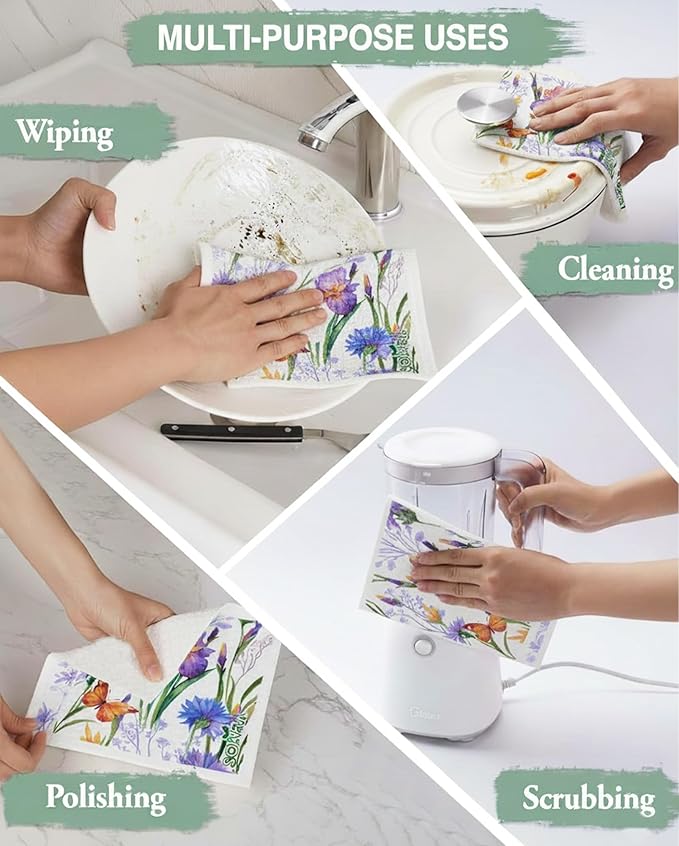 10 PCS Flower Print Swedish Dishcloths for Kitchen,100% Biodegradable, Reusable Cellulose Sponge Cloths, Ultra Absorbent, Eco Friendly Cleaning Towels Dishcloths for Washing Dishes & General Cleaning