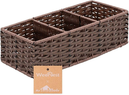 myHomeBody Wicker Basket With 3 Compartments, For Toilet Tank Paper Rolls, Hand Woven Bathroom Countertop Organizer, Bedroom Organization, 1pc, Dark Walnut