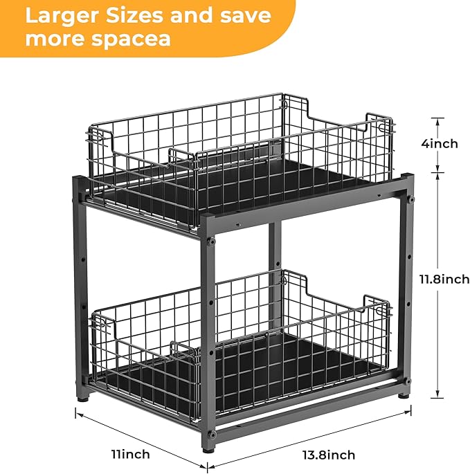 Under Sink Organizer, 2-Tier Pull Out Cabinet Organizer, Adjustable Height Bathroom Organizer and Storage, Spice Rack for Kitchen, Sliding Drawers Shelves 13.8×11×15.8 Inch (1 Pack)