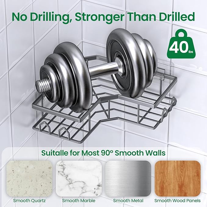 Adhesive Shower Caddy, 2 Pack Corner Bath Organizer, Rustproof Stainless Steel Shower Shelves with Large Capacity, No Drilling Shelves for Bathroom Storage, Home, Kitchen Decor (Dark Grey).