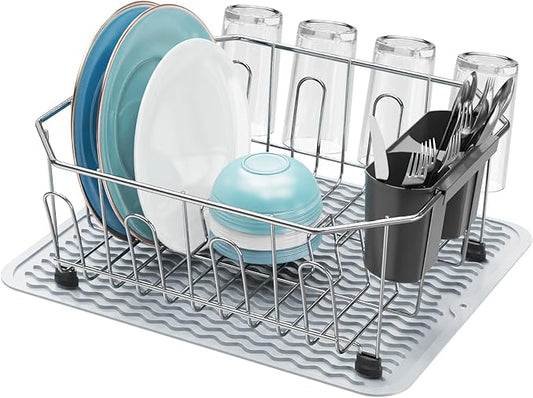 GSlife Small in Sink Dish Drying Rack - Stainless Steel Compact Dish Drainer with Silicone Drying Mat for RV Kitchen Apartment Sink, Silver
