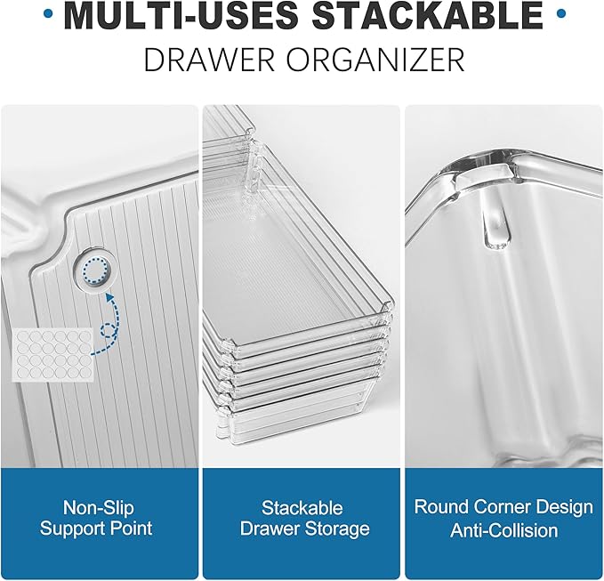 9 PCS Clear Plastic Drawer Organizer Sets for Vanity Organizer, 3 Sizes Versatile Make-up Organizer Trays, Stackable Storage Bins for Kitchen, Cabinet, Bathroom, Office, Laundry Room Organizing