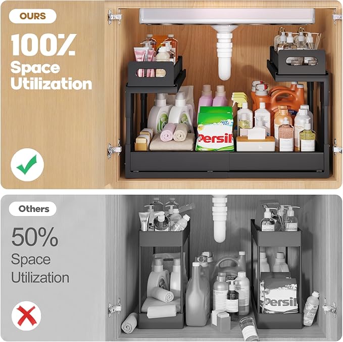 1 Pack Expandable Under Sink Organizers And Storage With Upgrade Ball-Bearing Slide Tracks,2-Tier Pull Out Under Cabinet Organizer Height Adjustable,Slide Out Under Sink Drawers-Black(Patent Pending) | Expandable, Under Sink, Pull Out, Height Adjustable