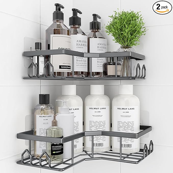 Adhesive Shower Caddy, 2 Pack Corner Bath Organizer, Rustproof Stainless Steel Shower Shelves with Large Capacity, No Drilling Shelves for Bathroom Storage, Home, Kitchen Decor (Dark Grey).