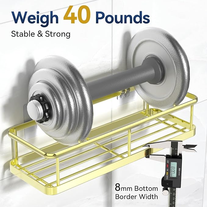 YASONIC Shower Caddy Adhesive, No Drill Bathroom Shower Organizers, with Removable Hooks, Rust Proof Shower Shelves, Wall-Mounted Shower Holder, 2 Pack Gold