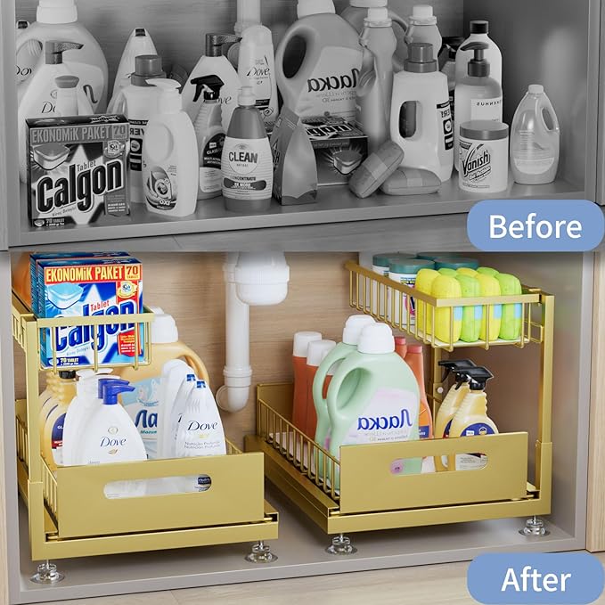 Under Sink Organizer Storage 2-Tier Premium Metal Pull-Out Kitchen Cabinet Organizer with Sliding Drawer, Height Adjustable, Heavy Duty for Kitchen & Bathroom Organizers 2 Pack Gold