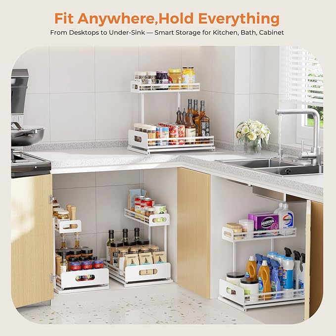 Delamu 2 Pack Metal Bathroom Organizers and Storage, 2 Tier Pull Out Under Sink Organizer for Kitchen Bathroom, Adjustable Under Sink Shelf for Multipurpose Cabinet Organizer, White