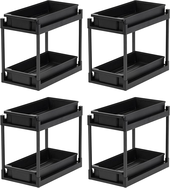 IRIS USA Under Sink Organizer, 4 Pack, Bathroom Organizers and Storage, Pull Out Under Cabinet Kitchen Shelf Pantry Under Counter, Cleaning Supplies, Vertical Spice Rack Slide Out Drawer, Easy Install