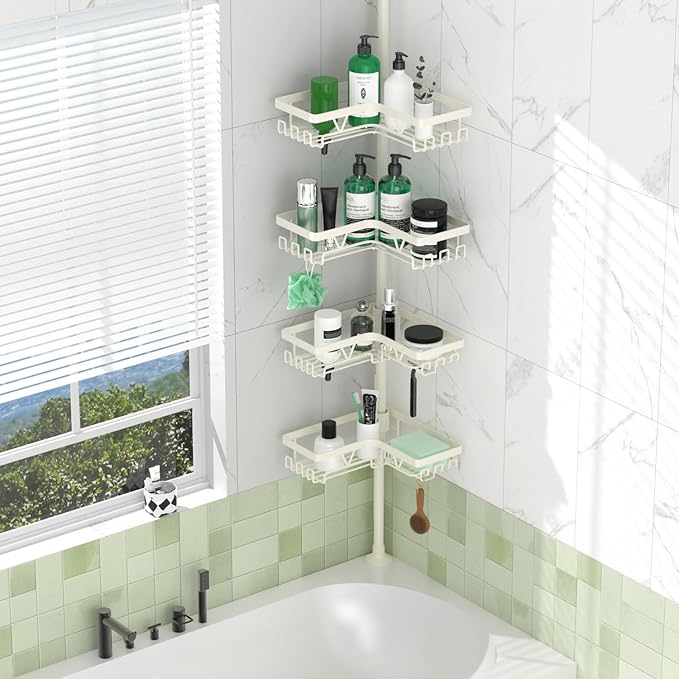 Corner Shower Caddy Tension Pole, 4-Tier Adjustable Corner Shower Caddy with Soap Dish & Razor Holder, Stainless Steel Tension Pole Shelf Fits Bathtub & Floor 25-114.2 inches(Off-white)