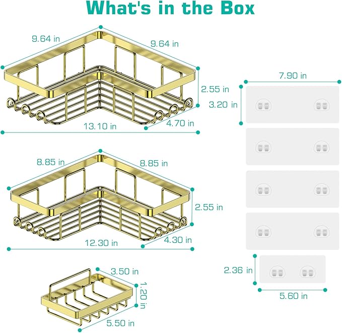YASONIC Corner Shower Caddy, 3-Pack Adhesive Bathroom Caddy with Soap Holder and 12 Hooks, Rustproof Stainless Steel Shower Organizer, No Drilling Wall Mounted Shower Rack, for Bathroom, Gold