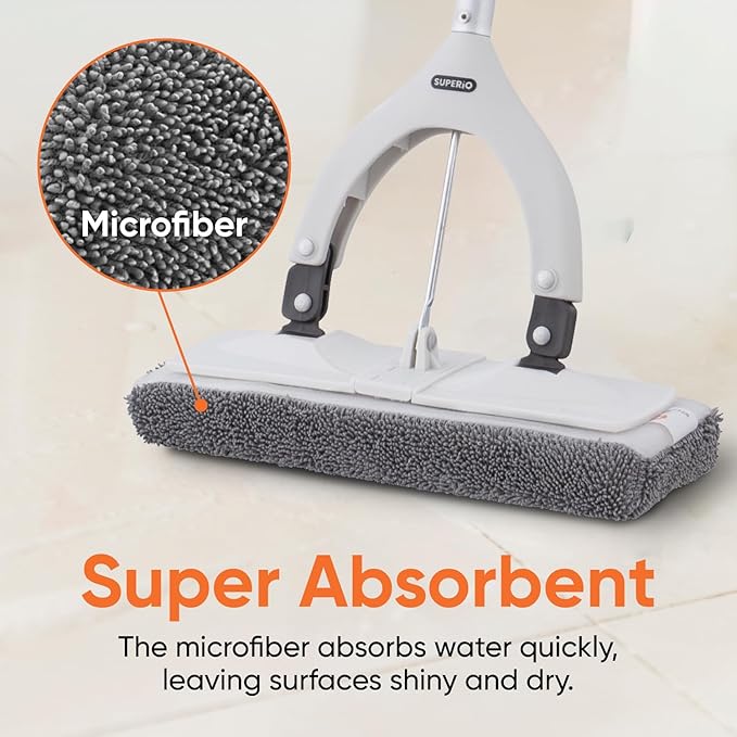 Superio Miracle Microfiber Self-Wringing Flat Mop with Telescopic Handle & Replacement Pad - Lightweight, Heavy-Duty Mop for Hardwood, Tile, Laminate & Walls - Grey
