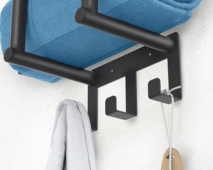 Towel Racks for Bathroom, Bathroom Towel Rack Wall Mounted with Metal Shelf and 3 Hooks for Small Bathroom, Black