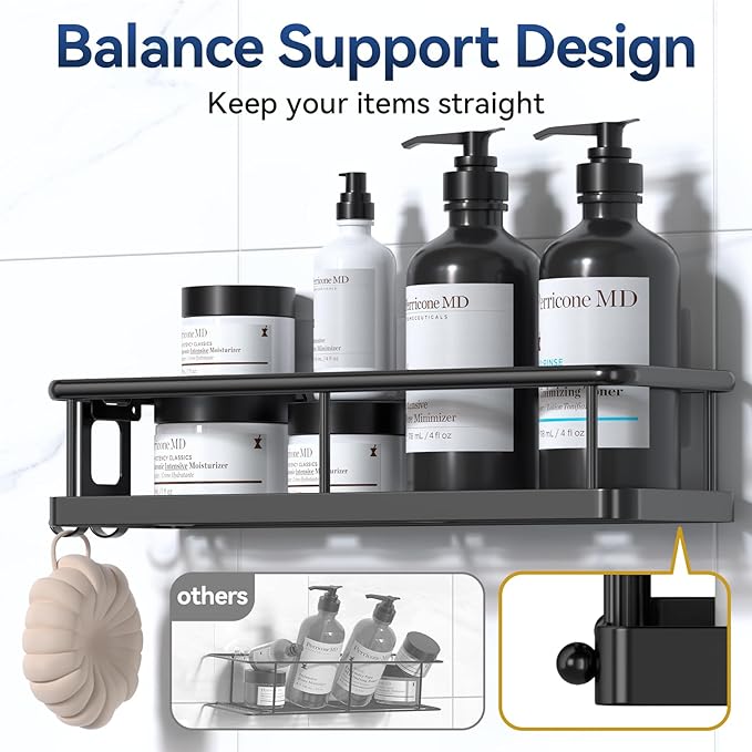 YASONIC Shower Caddy Adhesive, Rustproof Shower Shelves for Inside Shower, Large Capacity Bathroom Organizers and Storage, Shower Storage with Removable Hooks, No Drill Bathroom Accessories Black