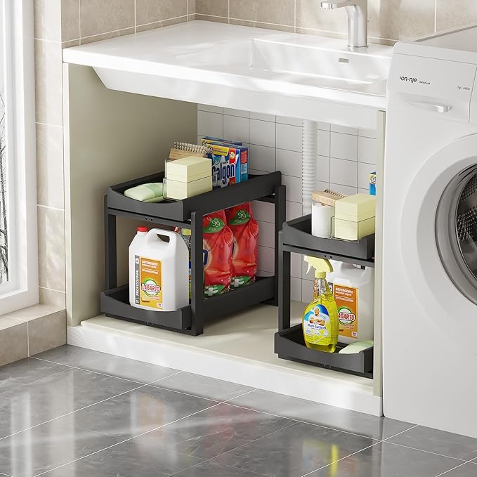 Bamboo Under Sink Organizer Adjustable Height 2 Tier Bathroom Organizer Pull Out Cabinet Storage Kitchen Heave Duty Wood Slide Ou Shelf for Kitchen Bathroom (Black, 2 Packs)