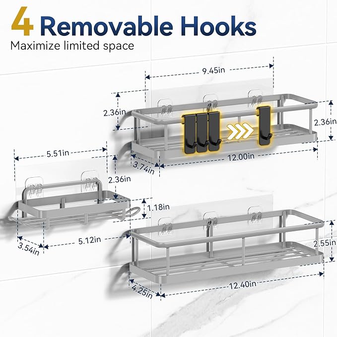 YASONIC Shower Caddy Adhesive, No Drill Bathroom Shower Organizers, with Removable Hooks and Soap Holder, Rust Proof Shower Shelves, Wall-Mounted Shower Holder, 3 Pack, Grey