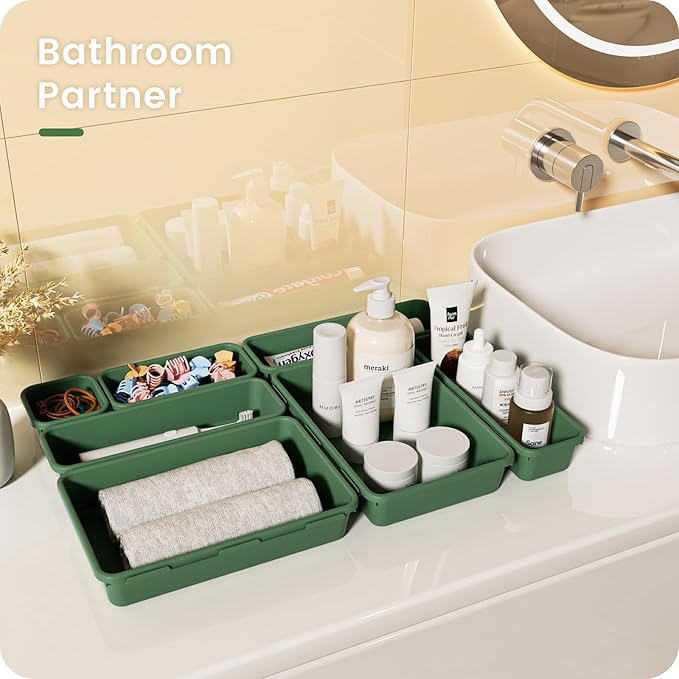 A-LuGei 【𝟮𝟴𝗣𝗖𝗦】 【𝟱𝗦𝗶𝘇𝗲】 ArmyGreen Drawer Organizer, Makeup organizer, 【Holds 177 Items】 Bathroom Organizers and Storage, Plastic Desk Organizer Divider, Organizer Bins for Office Vanity