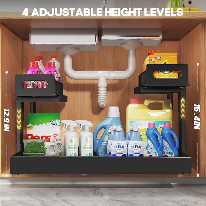 1 Pack Expandable Under Sink Organizers And Storage With Upgrade Ball-Bearing Slide Tracks,2-Tier Pull Out Under Cabinet Organizer Height Adjustable,Slide Out Under Sink Drawers-Black(Patent Pending) | Expandable, Under Sink, Pull Out, Height Adjustable