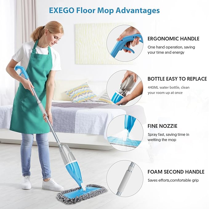 Spray Wet Mops for Floors Cleaning - EXEGO Refillable Floor Flat Mops with 3 Washable Pads for Swiffer Powermop - Home Commercial Dust Mop for Hardwood Laminate Ceramic Tile Wood Vinyl