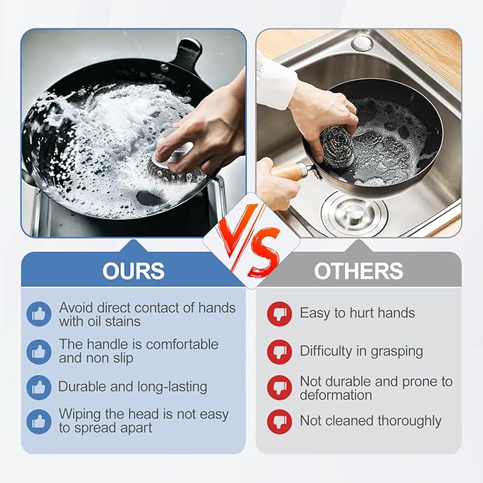 10Pcs Steel Wool Scrubber, Steel Wool Pads with 2Pcs Handle, Stainless Steel Scrubber for Dishes, Kitchen, Cleaning, Stoves, Pots and Pans, Grill, Wash Sink, Cleaning Dishes