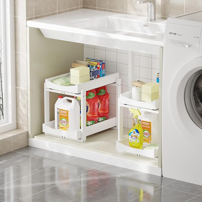 Bamboo Under Sink Organizer Adjustable Height 2 Tier Bathroom Organizer Pull Out Cabinet Storage Kitchen Heave Duty Wood Slide Ou Shelf for Kitchen Bathroom (White, 2 Packs)