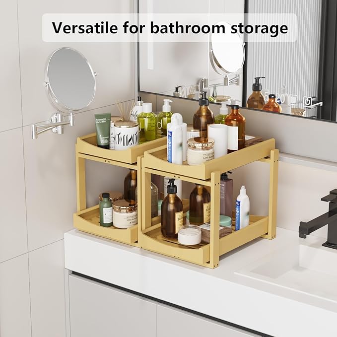 Bamboo Under Sink Organizer Adjustable Height 2 Tier Bathroom Organizer Pull Out Cabinet Storage Kitchen Heave Duty Wood Slide Ou Shelf for Kitchen Bathroom (Black, 2 Packs) (Nature, 2 Packs)