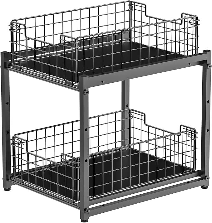 Under Sink Organizer, 2-Tier Pull Out Cabinet Organizer, Adjustable Height Bathroom Organizer and Storage, Spice Rack for Kitchen, Sliding Drawers Shelves 13.8×11×15.8 Inch (1 Pack)