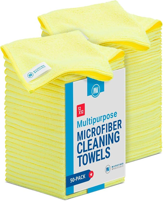12" x 12" Microfiber Cleaning Cloths (50 Pack) - Reusable Towels, Wash Rags, Dust Cloth, All-Purpose: Kitchen, Dish, Cars, Shop, Glass (Yellow)