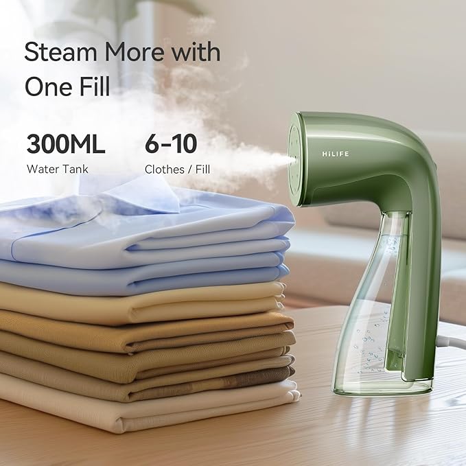 HiLIFE Steamer for Clothes, 1100W Clothes Steamer with Large 300ml Tank, Handheld Clothing Steamer, Fabric Wrinkle Remover, Portable & Compact Travel Size Garment Steamer ONLY FOR 120V (Green)