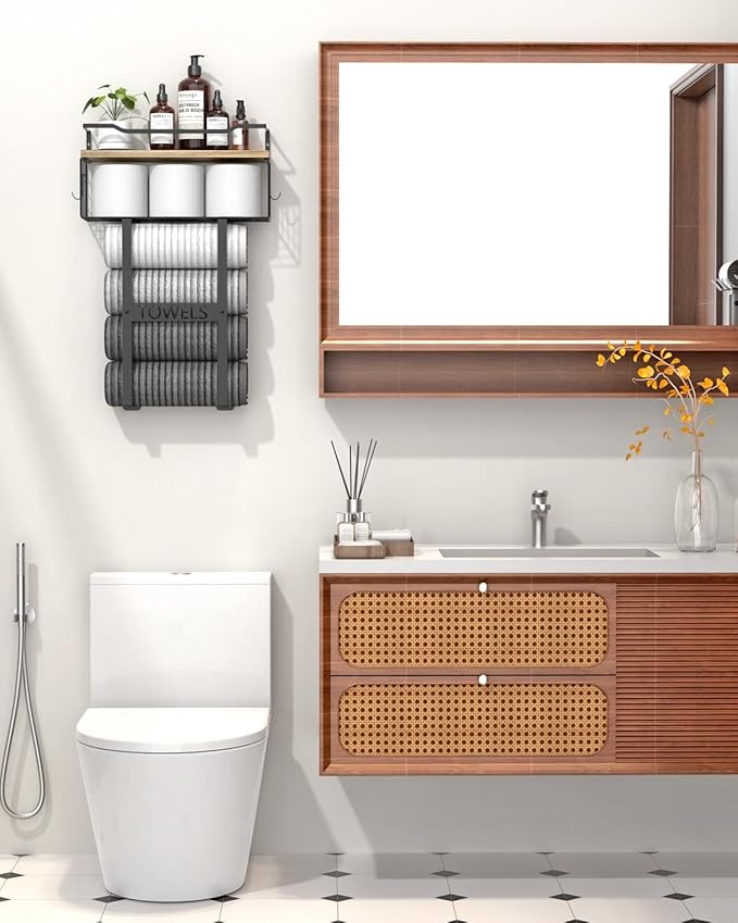 Towel Racks for Bathroom Wall Mounted - Bath Wall Towel Holder Set Above Toilet Storage, Rolled Towel Shelf Organizer for Small Bathroom, Wood Vertical Towel Rack for Bathroom Wall Decor