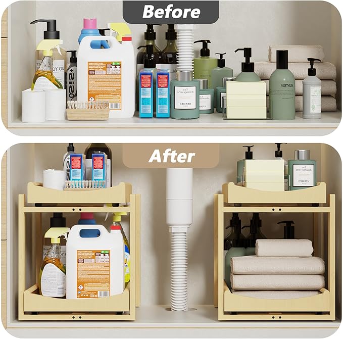 Bamboo Under Sink Organizer Adjustable Height 2 Tier Bathroom Organizer Pull Out Cabinet Storage Kitchen Heave Duty Wood Slide Ou Shelf for Kitchen Bathroom (Black, 2 Packs) (Nature, 2 Packs)