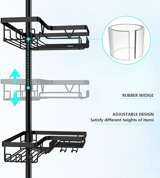 Tension Pole Shower Caddy, 4-Tier Stainless Steel Shower Organizer with 2 Removable Soap Holders, 25 to 114.2 Inches, for Bathtub/Bathroom Corner, Renters Friendly, Black