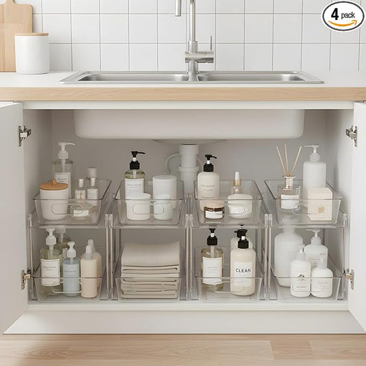 4 Pack Bathroom Organizers and Storage, 2-Tier Clear Under Sink Organizer, Vanity Counter Storage, Medicine Cabinet Organization, Pull-Out Cabinet Organizer With Track For Bathroom, Kitchen, Pantry