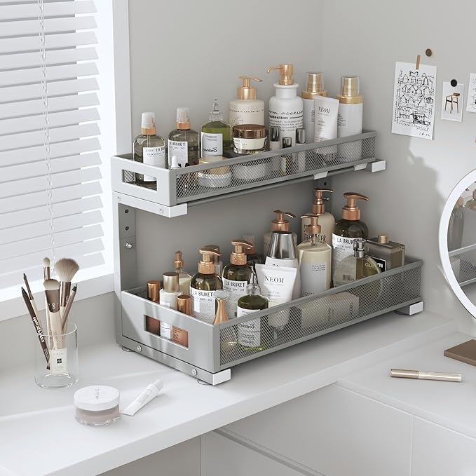 1 Pack 17IN Depth Under Sink Storage Organizer, Large 2-Tier Elegant Mesh Pull Out Shelf for Kitchen and Bathroom Cabinet Organization, L-Shaped and Adjustable Height Design-Gun Gray