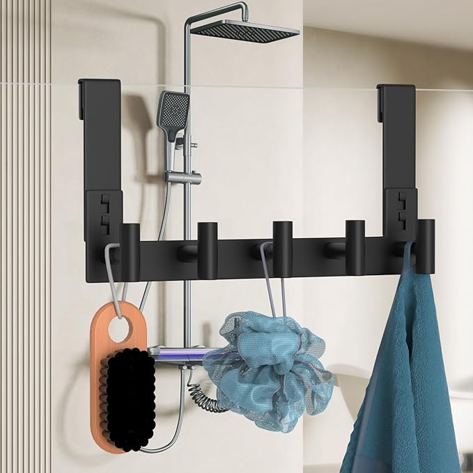 WUIVIUT Over The Shower Wall Hook, Towel Racks for Glass Shower Door, Heavy Duty Rack Bathroom Hooks for Robe, Coat (5 Hook, Fits 3/8'' Thick)