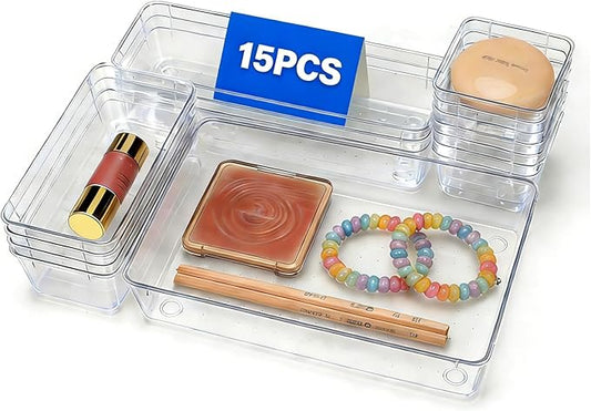 15PCS Clear Drawer Organizer Set, 4 Sizes Desk Drawer Divider Organizers Storage Bins for Bathroom,Kitchen,Office,Vanity Organizers Tray for Jewelry, Makeup, Junk, Gadgets