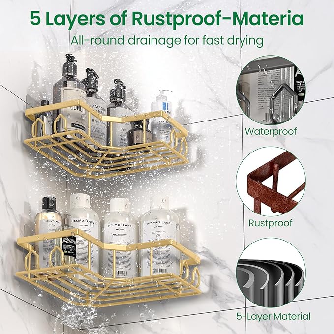 Adhesive Shower Caddy, 2 Pack Corner Bath Organizer, Rustproof Stainless Steel Shower Shelves with Large Capacity, No Drilling Shelves for Bathroom Storage, Home, Kitchen Decor (Gold).