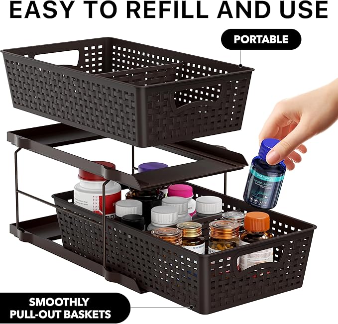 Simple Houseware 2 Tier Bathroom Organizer Tray Pull-Out Sliding Drawer, Under Sink Storage, Brown