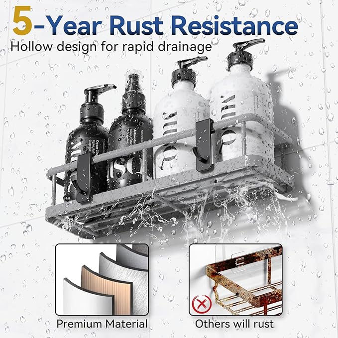 YASONIC Shower Caddy Adhesive, No Drill Bathroom Shower Organizers, with Removable Hooks and Soap Holder, Rust Proof Shower Shelves, Wall-Mounted Shower Holder, 3 Pack, Grey