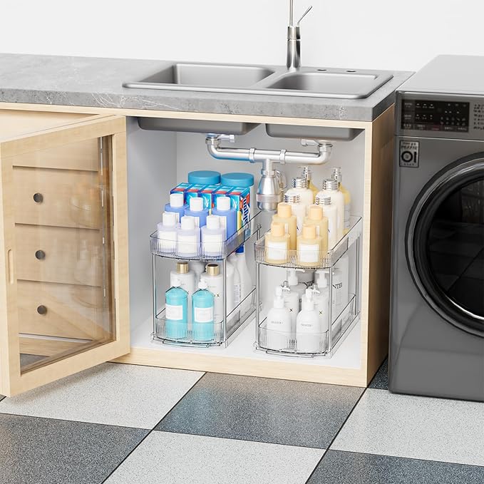 2 Pack Large Pull Out Bathroom Organizers and Storage,2 Tier 12.8″ Tall Sliding Kitchen Under Sink Organizer for Cleaning Products Storage,Acrylic Clear Bathroom inder Sink Organizer,Undersink Storage