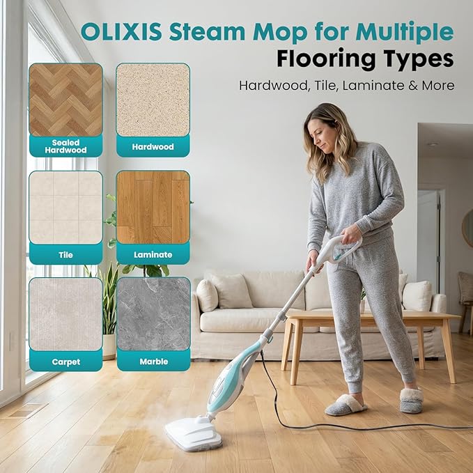 OLIXIS 10-in-1 Steam Mop, 1550W Detachable Handheld Steam Cleaner for Floor Cleaning, 16FT Cord, 2 Washable Pads, Multi-Purpose Floor Steamer for Hardwood, Carpet, Tile, Grout, Windows, White Green