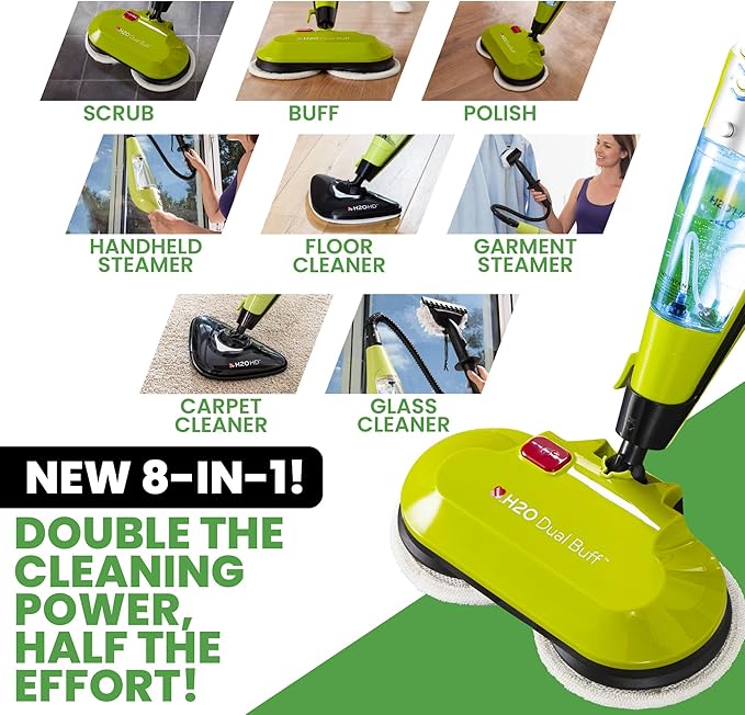 H2O HD Dual Buff Steam Mop, 8 in 1 Handheld Steam Cleaner For Kitchen Tile Floors, Hardwood Floors, Grout Cleaner, Upholstery Cleaner and Carpets, 2 washable scrub pads, 8 cleaning accessories
