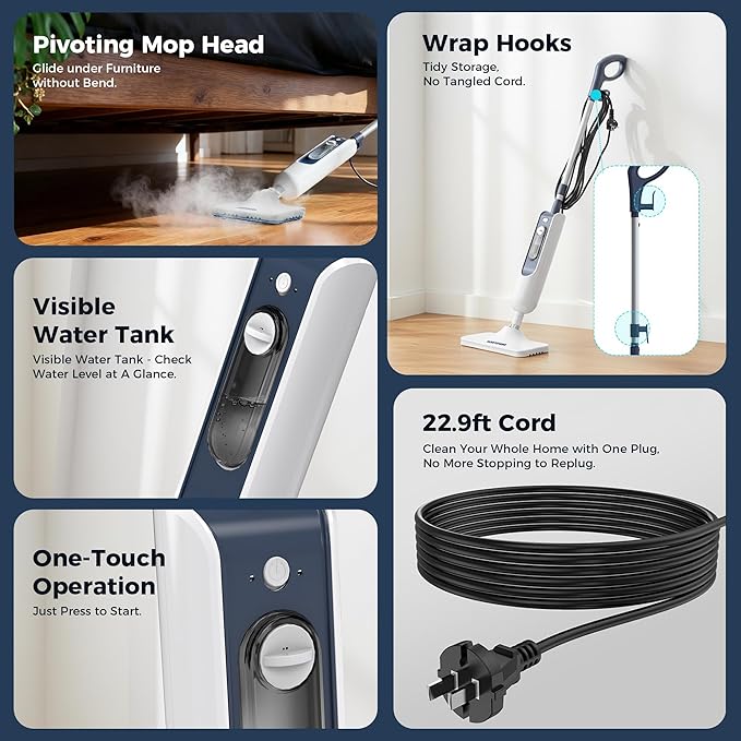 Steam Mop with 11 Attachments, 20-Second Heat-Up, 12 fl oz Tank, 22.9 ft Power Cord, Handheld Home Steam Cleaner for Multi-Surface Hard Floors, Kitchen, Barthroom, Tiles, Cars, Furniture