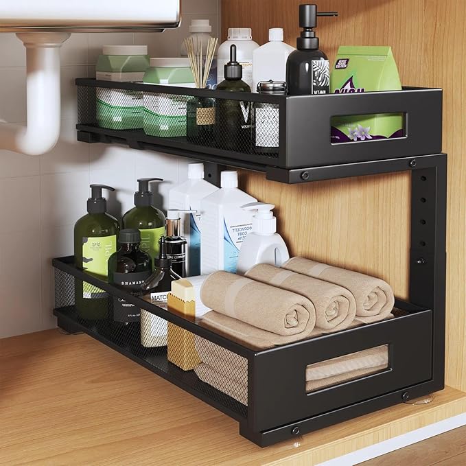 1 Pack 19IN Depth Under Sink Organizer, 2-Tier Pull Out Cabinet Organizer With Smooth Circular Rail, Large Capacity Metal Mesh Sliding Drawers For Bathroom& Kitchen Storage,Height Adjustable-Black