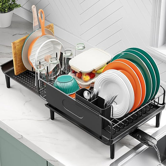 Large Extendable Dish Drying Rack, 16.93" to 26.57" Expandable Dish Rack for Kithen Counter, with Multifunctional Drainboard, Fits Any Sink, Heavy-Duty Steel Plate Drainer for Countertop Organization