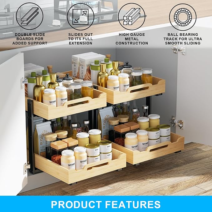 Golener Pull Out Cabinet Organizer - 2-Tier Slide Out Bamboo Drawers for Kitchen Cabinets, Bathroom Organizers and Storage, Under Sink Organizer for Kitchen Storage Organization with Coated Iron Frame