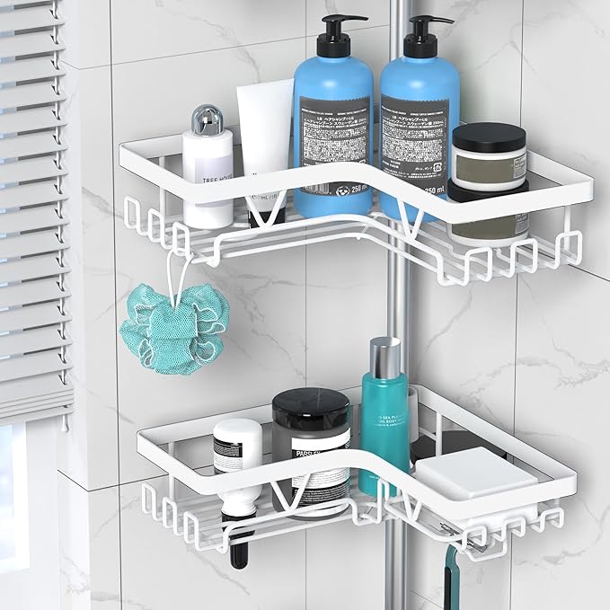 Shower Caddy Tension Pole Corner - Stainless Steel Bathroom Organizer White Tension Rod Shower Shelves for Tub(22-114.2inch), Renter Friendly