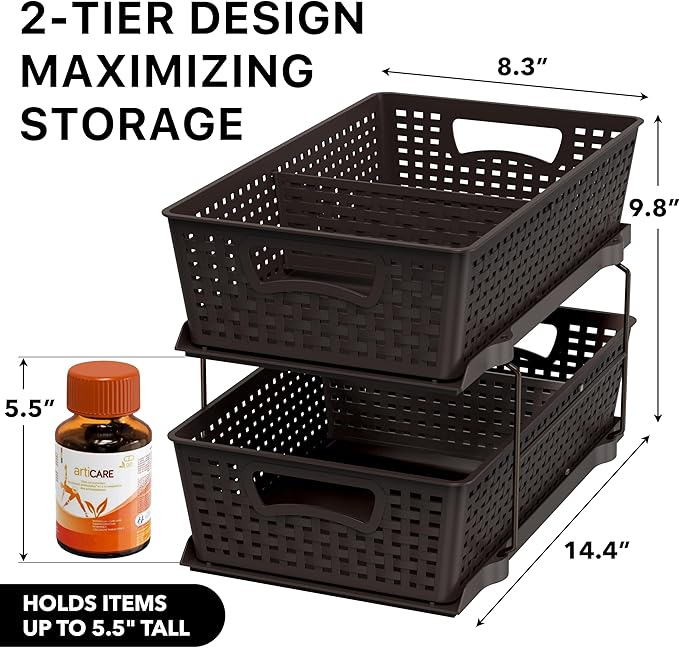 Simple Houseware 2 Tier Bathroom Organizer Tray Pull-Out Sliding Drawer, Under Sink Storage, Brown