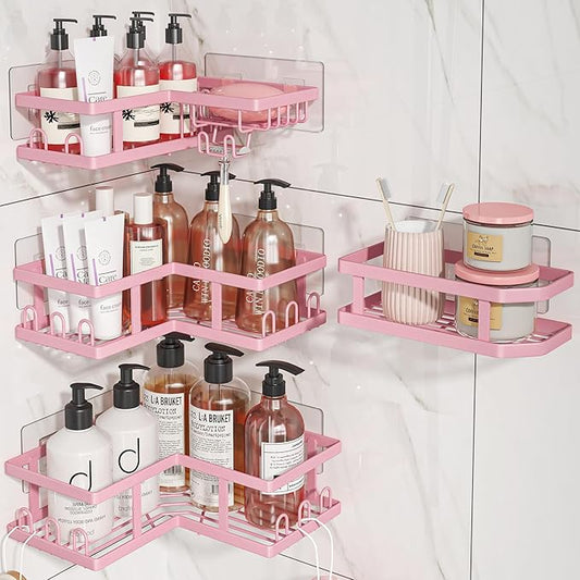 4-Pack Adhesive Corner Shower Caddy with Soap Holder, No Drilling Wall Mounted Shower Shelves-Rustproof, Organizer for Bathroom, Kitchen & Home Decor. Pink